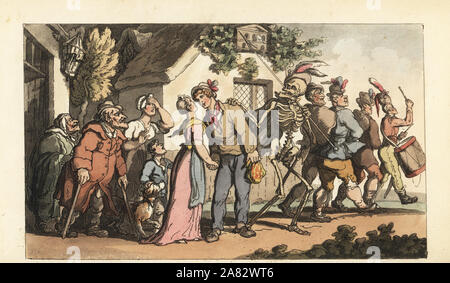 Le squelette de la mort entraîne une nouvelle recrue pour l'armée, laissant sa fille et sa famille. Dessiné et gravé sur cuivre coloriée par Thomas ROWLANDSON à partir de la danse de mort, Ackermann, Londres, 1816. Banque D'Images