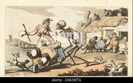 Le squelette de la mort enlève le drunken Sot dans une brouette, tandis que d'autres ivrognes rendent joyeux devant la pub de chèvre. Dessiné et gravé sur cuivre coloriée par Thomas ROWLANDSON à partir de la danse de mort, Ackermann, Londres, 1816. Banque D'Images