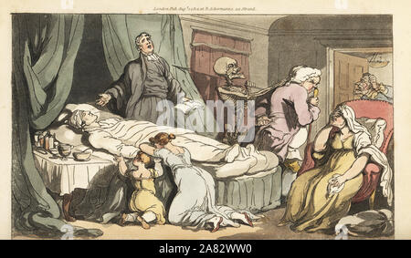 Le squelette de la Mort arrive pour le médecin, que le prêtre prie sur le corps mort d'un homme bon pleurée par sa femme et son enfant. Dessiné et gravé sur cuivre coloriée par Thomas ROWLANDSON à partir de la danse de mort, Ackermann, Londres, 1816. Banque D'Images