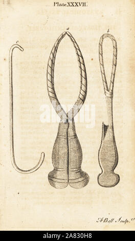 Les instruments utilisés pour Smellie faciliter l'accouchement : court tout droit de forceps, bras unique du forceps, et sans crochet. La gravure sur cuivre par Andrew Bell, de William Smellie est un ensemble de tables anatomiques, Charles Elliot, Édimbourg, 1780. Banque D'Images