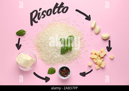 Ingrédients pour le risotto sur un fond de couleur Banque D'Images