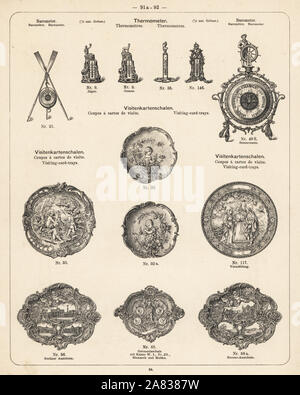 Thermomètre, baromètre et carte de visite gravée Lithographie bac à partir d'un catalogue de produits métalliques fabriqués par Wurtemberg Articles manufacturés en usine, Wiesbaden, Allemagne, 1896. Banque D'Images
