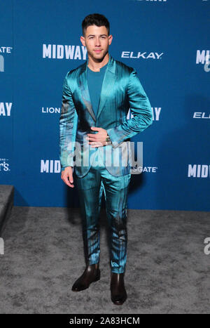 Los Angeles, Californie, USA 5 Novembre 2019 L'acteur et chanteur Nick Jonas assiste à la première mondiale de Lionsgate's 'Midway' le 5 novembre 2019 au Regency Village Theatre de Los Angeles, Californie, USA. Photo de Barry King/Alamy Live News Banque D'Images