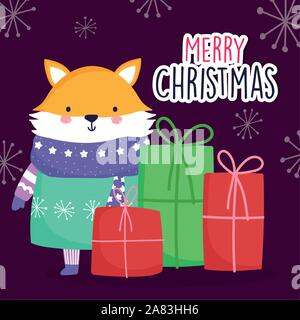 Joyeux noël célébration cute fox wearing scarf pullover et coffrets cadeaux flocons vector illustration Illustration de Vecteur