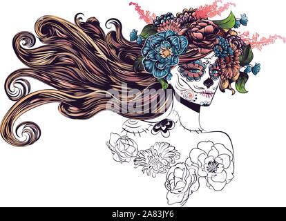Le Jour des Morts avec illustration crâne en sucre fille en fleur décorative guirlande. Illustration de Vecteur