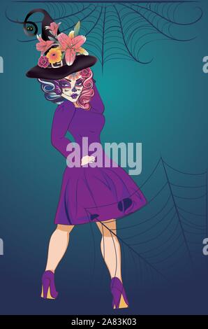 Sorcière femme fantaisie avec crâne en sucre et fleurs en maquillage vintage robe pourpre. Illustration de Vecteur