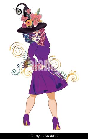 Sorcière femme fantaisie avec crâne en sucre et fleurs en maquillage vintage robe pourpre. Illustration de Vecteur