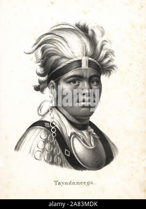 Thayendanegea, Tayadaneega ou Joseph Brant (1743-1807), chef Mohawk et leader. Il porte une coiffe de plumes, métal orné, chemise, et la chaîne d'oreille. Lithographie de Karl Joseph Brodtmann de Heinrich Rudolf Schinz's Illustrated l'histoire naturelle des hommes et des animaux, 1836. Banque D'Images