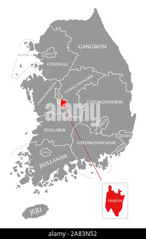 Daejeon en surbrillance dans la carte rouge de Corée du Sud Banque D'Images