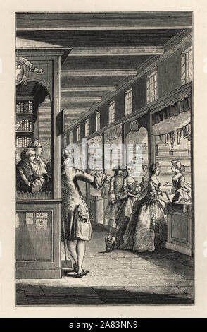 La société à la mode shopping dans les galeries du Palais Royal, Paris. L'homme parlant à des libraires, les femmes à un magasin de tissu. Lithographie Hubert-Francois après Gravelot de Paul Lacroix' Le dix-huitième siècle : ses institutions, les douanes, et les costumes, Londres, 1876. Banque D'Images