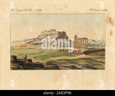 Athènes moderne construit à partir des ruines de l'antique Athènes, 1800. Vue depuis le sud-est montrant le Temple de Zeus Olympien et ses trois colonnes dans l'avant-plan, l'Arche d'Hadrien et à l'Acropole et le Parthénon sur la colline. Coloriée à la gravure sur cuivre de Johann Friedrich de Bertuch Bilderbuch fur Kinder (Livre d'images pour les enfants), Weimar, 1823. Banque D'Images