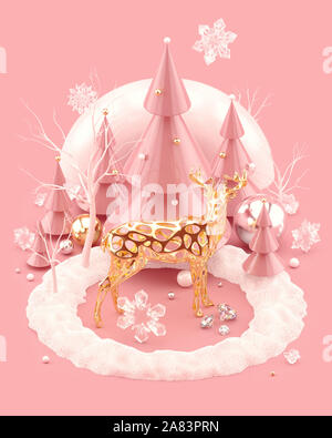 Noël 3D illustration avec golden renne et des arbres de Noël. Composition abstraite isolé sur fond rose. Le rendu 3d. Banque D'Images