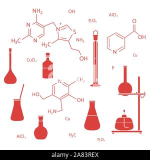 Vector illustration avec verrerie fioles, brûleur, stand de l'équipement, de formules chimiques. Matériel de laboratoire. L'éducation. Journée de la science. La chimie, Biolog Illustration de Vecteur