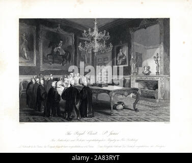 Le Royal penderie, St James's Palace. Les archevêques et évêques de féliciter la reine Victoria pour son anniversaire. Gravure sur acier par Henry Melville après une illustration par Gilbert de London Interiors, leurs costumes et les cérémonies, Joshua Mead, Londres, 1841. Banque D'Images