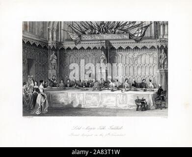 Dessert dans le Grand Banquet le 9 novembre sur le Lord Mayor's Table, Guildhall. Une chambre lambrissée avec des statues du roi Édouard VI, la reine Elizabeth et le roi Charles I. gravure sur acier par J. Shury après une illustration par Thomas Hosmer Shepherd de London Interiors, leurs costumes et les cérémonies, Joshua Mead, Londres, 1841. Banque D'Images