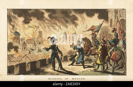 Napoléon Bonaparte en regardant l'incendie de Moscou après la bataille de la Moskowa, 1812. La gravure sur cuivre coloriée par George Cruikshank à partir de la vie de Napoléon une Hudibrastic Poème de médecin de la syntaxe, T. Tegg, Londres, 1815. Banque D'Images