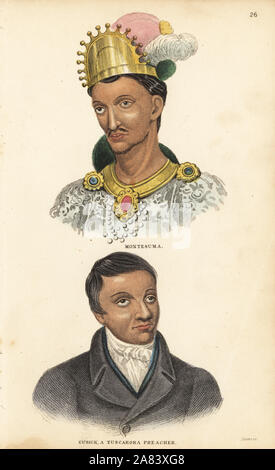 Portrait de Montezuma II, Empereur aztèque du Mexique, dans l'or et de la Couronne, et de David gorgette Cusick, un prédicateur baptiste Tuscarora et auteur, à l'occidentale. Gravure coloriée par Lizars après une illustration par Charles Hamilton Smith, de son histoire naturelle de l'espèce humaine, Édimbourg, W. H. Lizars, 1848. Banque D'Images