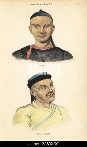 L'homme chinois et Tatars Nogai homme de la Horde. Mongolic courses. Gravure coloriée par Lizars après une illustration par Charles Hamilton Smith, de son histoire naturelle de l'espèce humaine, Édimbourg, W. H. Lizars, 1848. Banque D'Images