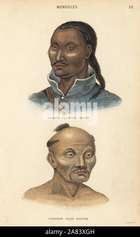 L'homme et kalmouk lutteur de sumo japonais avec chonmage (chignon) et la barbe. Les Kalmoucks basané, Eleuth et boxeur japonais. Mongoles. Gravure coloriée par Lizars après une illustration par Charles Hamilton Smith, de son histoire naturelle de l'espèce humaine, Édimbourg, W. H. Lizars, 1848. Banque D'Images