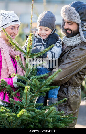 L'achat de la famille arbre de Noël sur market Banque D'Images