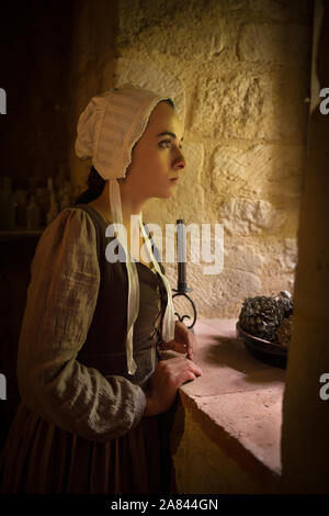 Style Vermeer portrait d'une jeune femme en costume à la Renaissance par la fenêtre d'un château français médiéval - avec des biens Banque D'Images