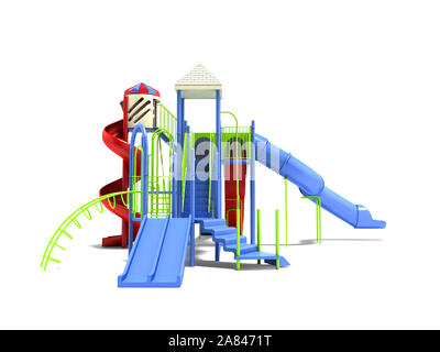 Aire de jeux pour enfants bleu avec des échelles avec red spiral slide glisser tout droit rendu 3D sur fond blanc avec ombre Banque D'Images