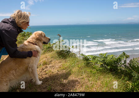 Une femme et son retriever d'or regardent des falaises de l'autre côté d'une baie, Pembrokeshire, Pays de Galles. Banque D'Images