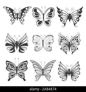 Ensemble de main dessiné papillons isolé sur fond blanc. Vector illustration.