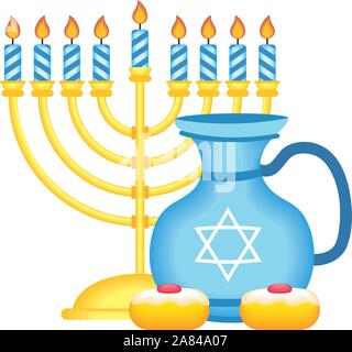 Happy hanukkah théière pot avec lustre et cupcakes Illustration de Vecteur