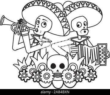 Crânes mexicains mariachis à jouer de la trompette et accordéon Illustration de Vecteur