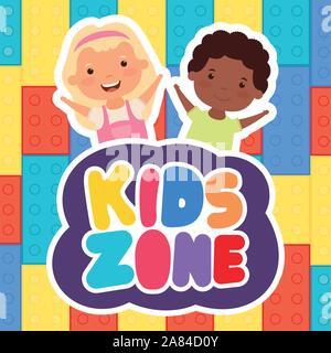 L'interracial enfants avec lettrage kids zone Illustration de Vecteur