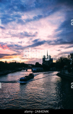 Coucher du soleil sur la Seine et Notre-Dame de Paris, France Banque D'Images