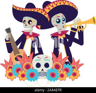 Crânes mexicains mariachis qui joue de la guitare et trompette Illustration de Vecteur