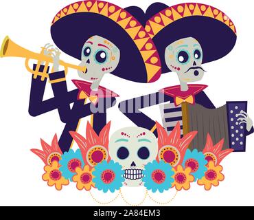 Crânes mexicains mariachis à jouer de la trompette et accordéon Illustration de Vecteur