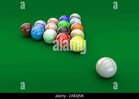 3D illustration de boules de billard avec un fini brillant sur fond vert. Banque D'Images