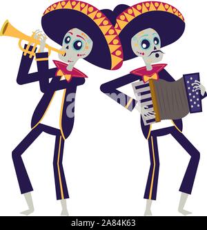 Crânes mexicains mariachis à jouer de la trompette et accordéon Illustration de Vecteur