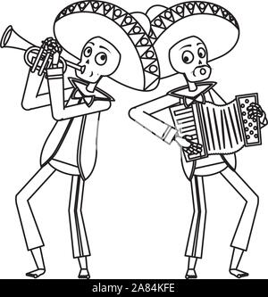 Crânes mexicains mariachis à jouer de la trompette et accordéon Illustration de Vecteur