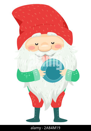 Illustration d'un mignon petit bol islandais Licker Cont Yule en Islande avec une longue barbe blanche et d'une moustache Porter du rouge Bonnet Holding et lécher le bol Banque D'Images