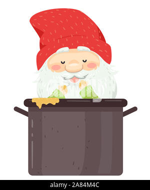 Illustration d'un garçon au Yule longue barbe blanche et d'une moustache Porter du rouge Bonnet de manger les restes dans des pot Banque D'Images