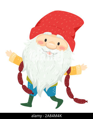 Illustration d'un cont Yule avec longue barbe blanche et d'une moustache Porter du rouge Bonnet et saucisses fumées Banque D'Images