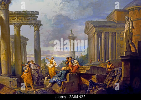 Sermon de St Sibyl dans les vestiges romains avec la statue d'Apollon par Panini, Giovanni Paolo. 1691-1765 Italie Italien Banque D'Images