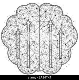 Augmentation de l'activité du cerveau, le cerveau conception poly bas avec les flèches de l'art géométrique abstrait, wireframe polygonal mesh vector illustration réalisée à partir de points a Illustration de Vecteur