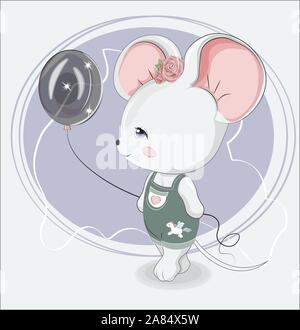 Petite fille souris avec ballon en jeans avec autocollant UNICORN. Photo dans la main, style de dessin pour T-shirt porter print design, carte de vœux, bab Illustration de Vecteur