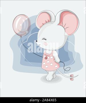 Petite souris avec ballon en robe rose. Photo dans la main, style de dessin pour T-shirt porter print design, carte de vœux, l'invit parti de douche de bébé. Illustration de Vecteur