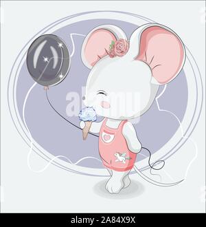 Petite fille souris avec ballon et la crème glacée en jeans avec unicorn autocollant. Photo dans la main, style de dessin pour T-shirt print design, mode d'usure de gree Illustration de Vecteur