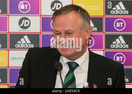 Stade National de Football, Windsor Park, Belfast, Irlande du Nord, Royaume-Uni. 08Th Nov 2019. L'Irlande du manager Michael O'Neill nommé son équipe aujourd'hui pour la finale EURO 2020 crucial groupe admissible C jeux contre les Pays-Bas (16 novembre à Belfast) et en Allemagne (à Francfort le 18 novembre). L'Irlande du Nord se trouvent dans la troisième table derrière les deux pays.Crédit : David Hunter/Alamy Live News. Banque D'Images