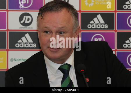 Stade National de Football, Windsor Park, Belfast, Irlande du Nord, Royaume-Uni. 08Th Nov 2019. L'Irlande du manager Michael O'Neill nommé son équipe aujourd'hui pour la finale EURO 2020 crucial groupe admissible C jeux contre les Pays-Bas (16 novembre à Belfast) et en Allemagne (à Francfort le 18 novembre). L'Irlande du Nord se trouvent dans la troisième table derrière les deux pays.Crédit : David Hunter/Alamy Live News. Banque D'Images