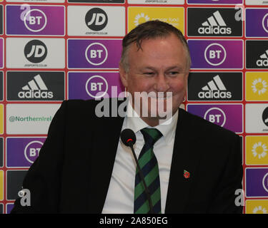 Stade National de Football, Windsor Park, Belfast, Irlande du Nord, Royaume-Uni. 08Th Nov 2019. L'Irlande du manager Michael O'Neill nommé son équipe aujourd'hui pour la finale EURO 2020 crucial groupe admissible C jeux contre les Pays-Bas (16 novembre à Belfast) et en Allemagne (à Francfort le 18 novembre). L'Irlande du Nord se trouvent dans la troisième table derrière les deux pays.Crédit : David Hunter/Alamy Live News. Banque D'Images