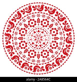 Folk scandinave Noël mandala- vecteur conception ronde d'hiver modèle de fête, avec des oiseaux d'ornement floral mignon et flocons en zone rouge sur blanc Illustration de Vecteur