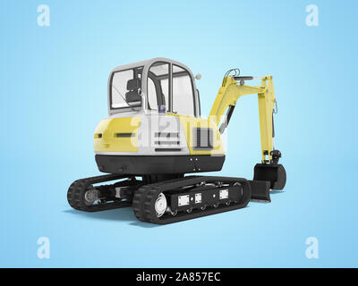 Mini-pelle hydraulique jaune avec mechpatoy sur crawler avec rendu 3D coulée sur fond bleu avec ombre Banque D'Images